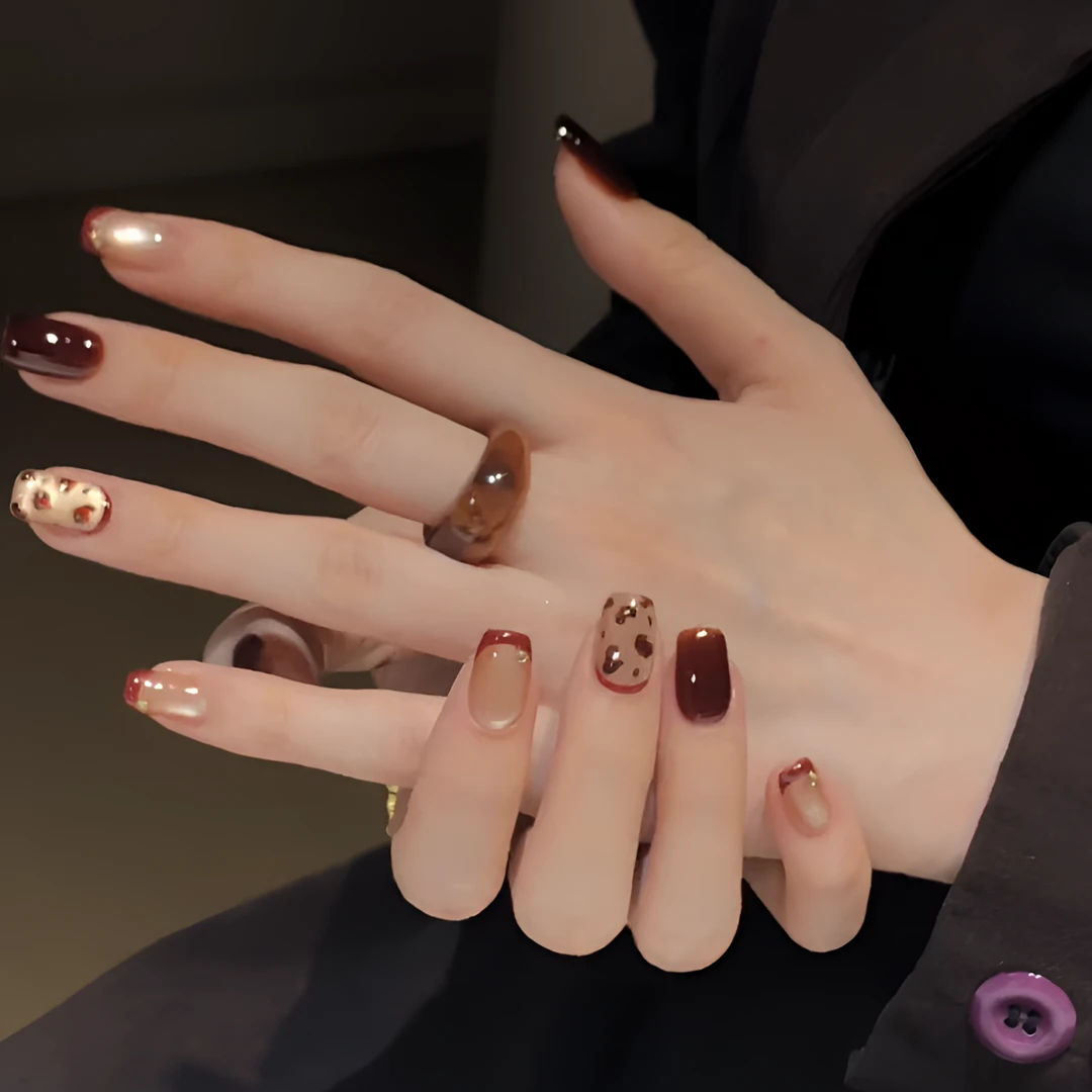 【法式豹纹】秋冬短款玻璃珠豹纹猫眼美甲显白气质高级纯手工穿戴甲