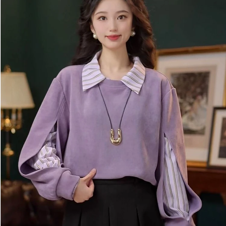 港风复古拼接假两件紫色卫衣女款2025新款爆款设计感宽松百搭上衣