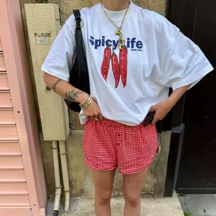 FiFi 「三颗红辣椒」美式复古印花短袖T恤女夏季韩百搭宽松T恤