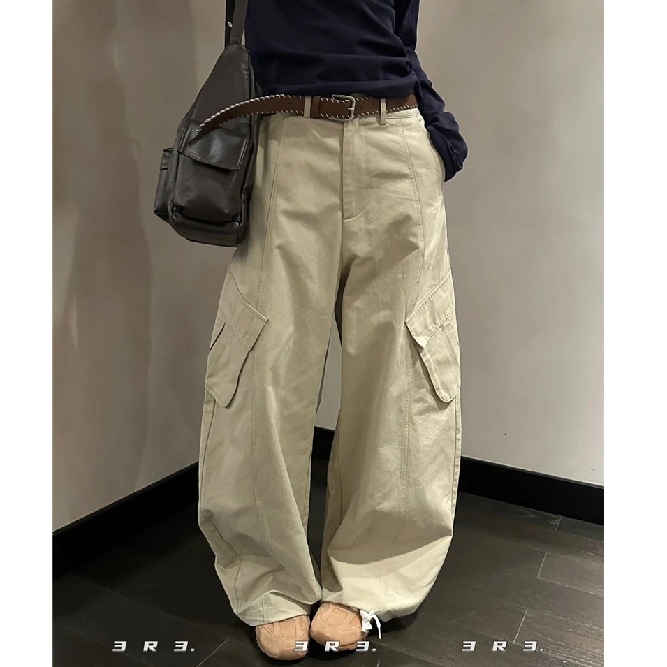 2025秋季美式潮牌卡其色口袋工装裤女宽松复古阔腿裤直筒休闲长裤
