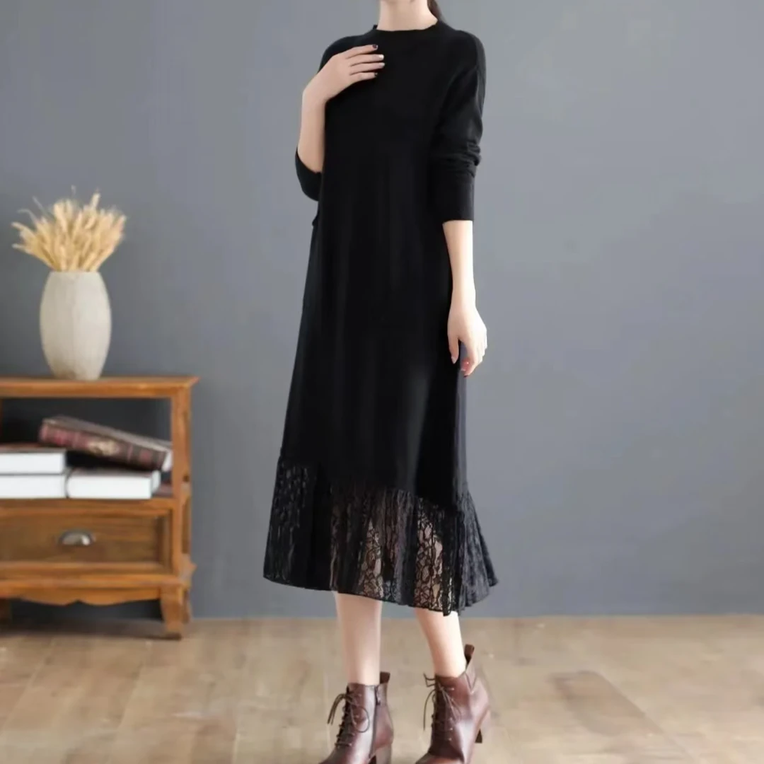 文艺针织毛衣圆领纯色蕾丝过膝打底-9110