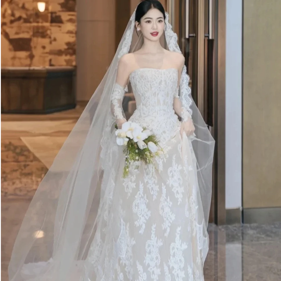 【真爱婚纱-A摆轻纱】全蕾丝抹胸A摆 气质婚纱 公主感婚纱轻纱仪式