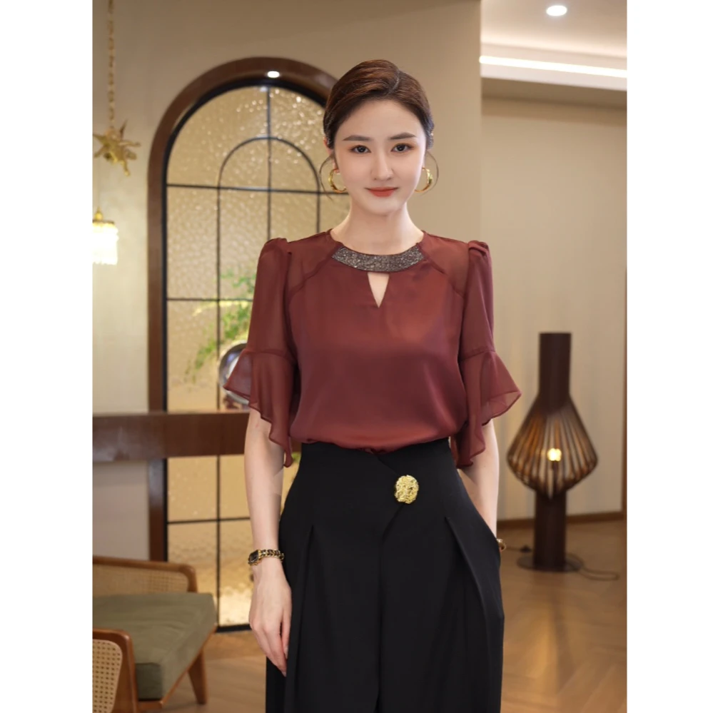 唐熹现货2025夏季新款【LT24-X306】高级设计感洋气显白酒红色上衣