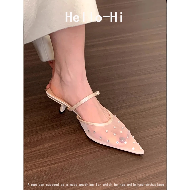 水钻网纱包头半拖鞋透气高跟凉拖凉鞋法式气质女鞋子日常通勤外穿