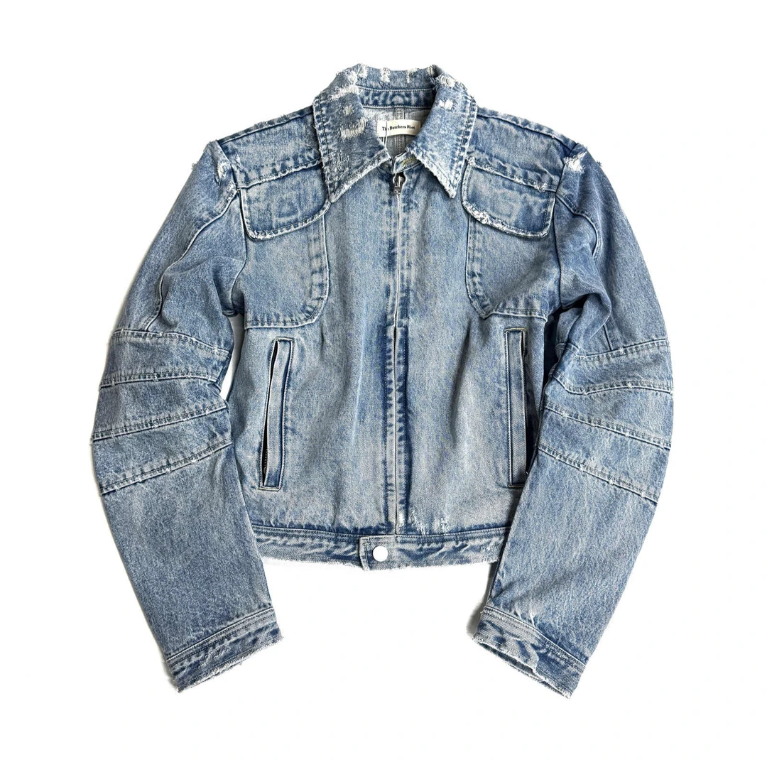 TBR 水洗雪花蓝牛仔结构拼接破坏弯刀袖机车夹克
