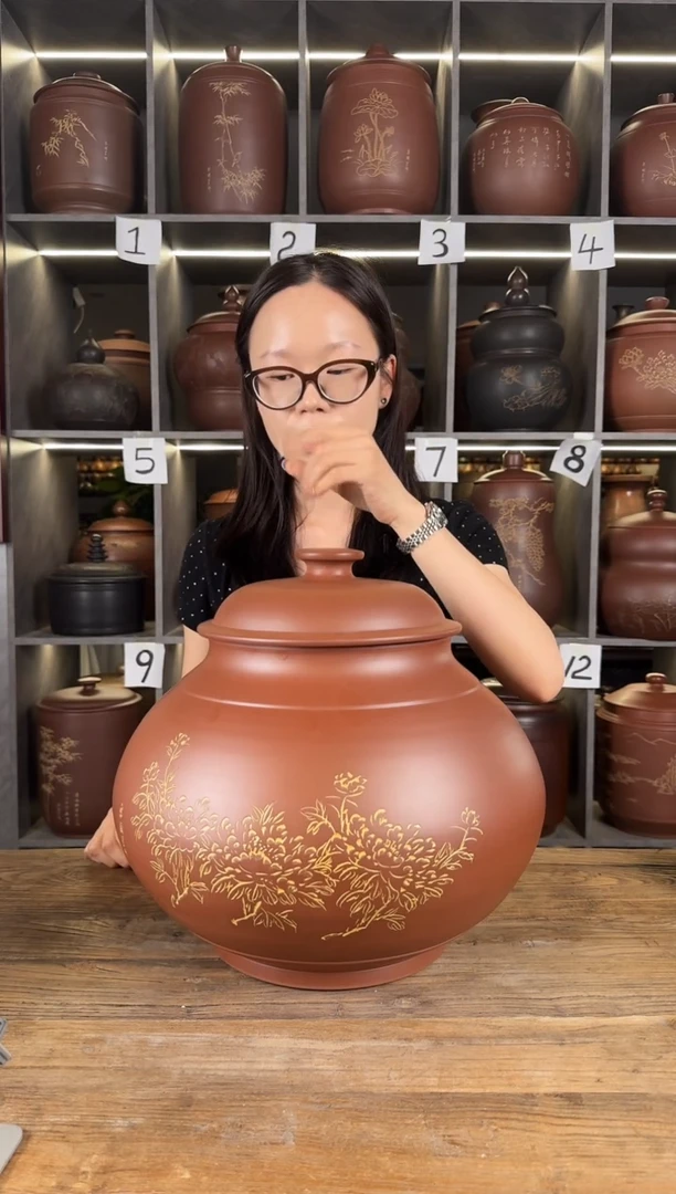 春**然本陶手作坭兴陶8-10斤南瓜茶叶罐手工痕迹
