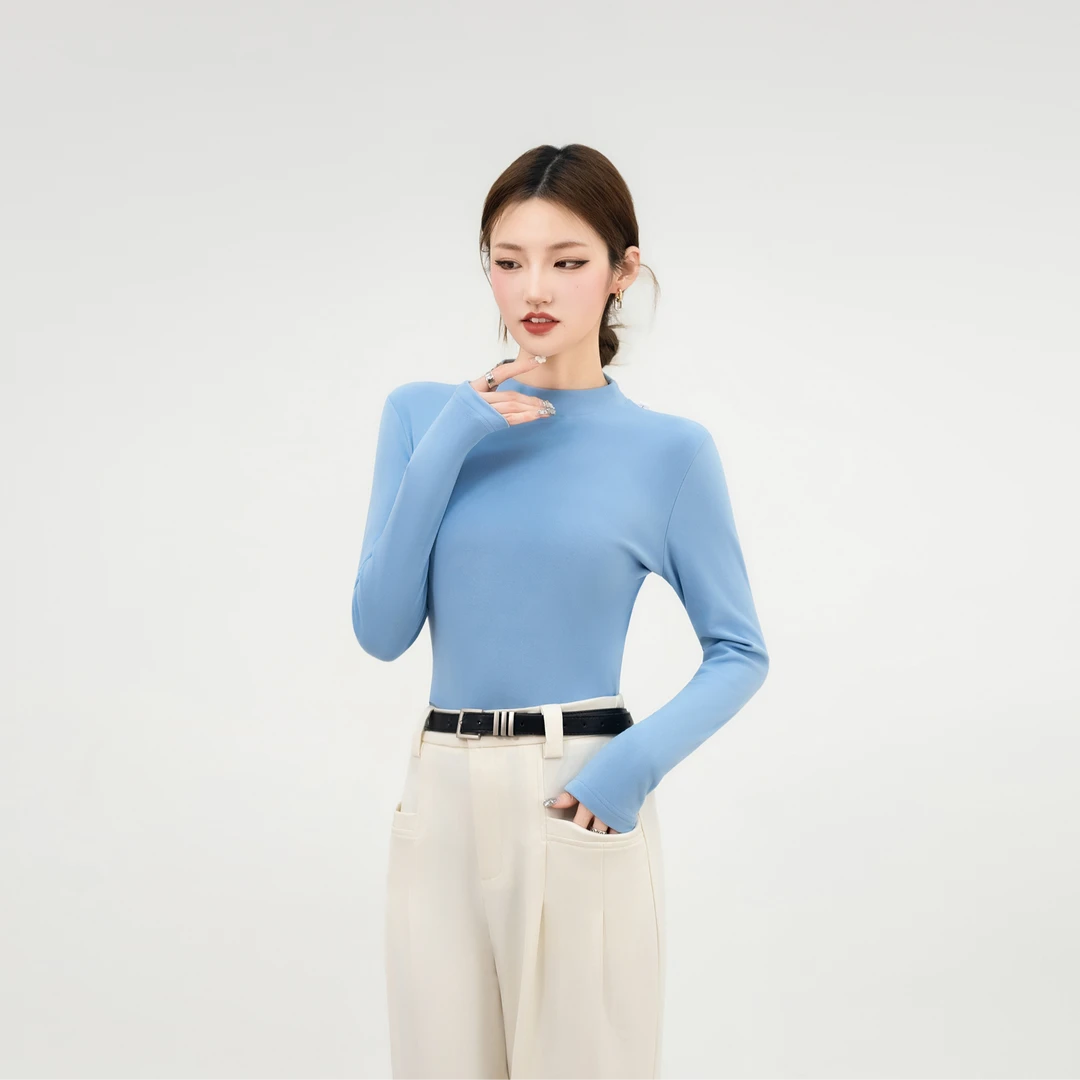 QUPENGME新款修身显瘦磨毛纯色女款打底衫时尚温婉风百搭紧身上衣