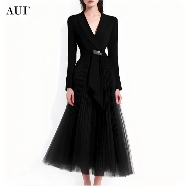 【彤彤专属】AUI黑色高端职业气质西装连衣裙网纱裙-25W018227