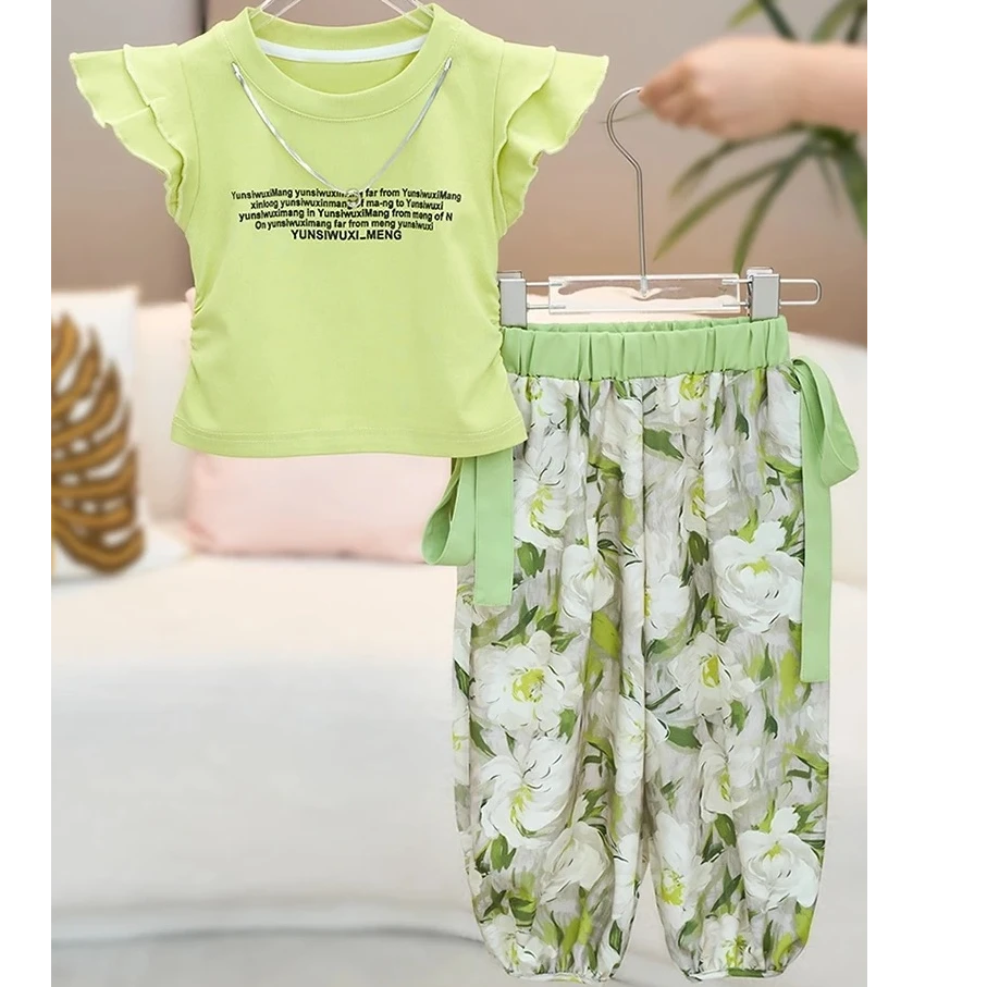女童夏季新款套装字母小飞袖上衣女宝宝花朵束脚裤洋气百搭两件套