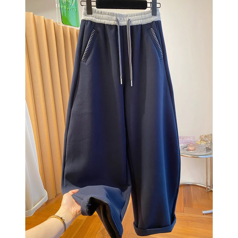 高级感撞色加绒弯刀卫裤女秋冬2025新款宽松加厚香蕉裤哈伦裤长裤