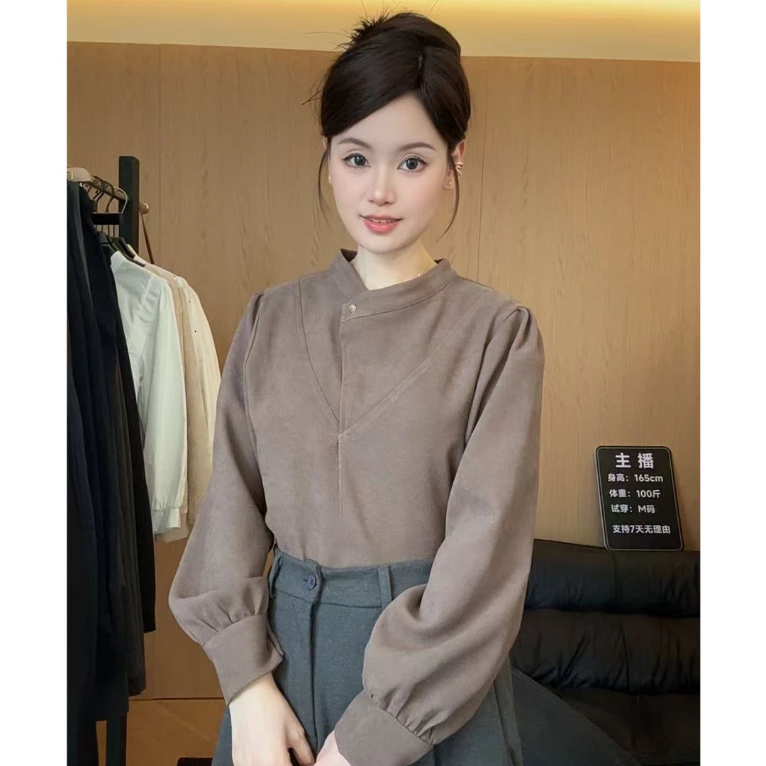 011秋冬轻奢气质百搭长袖衬衫女通勤宽松显瘦内搭磨毛上衣