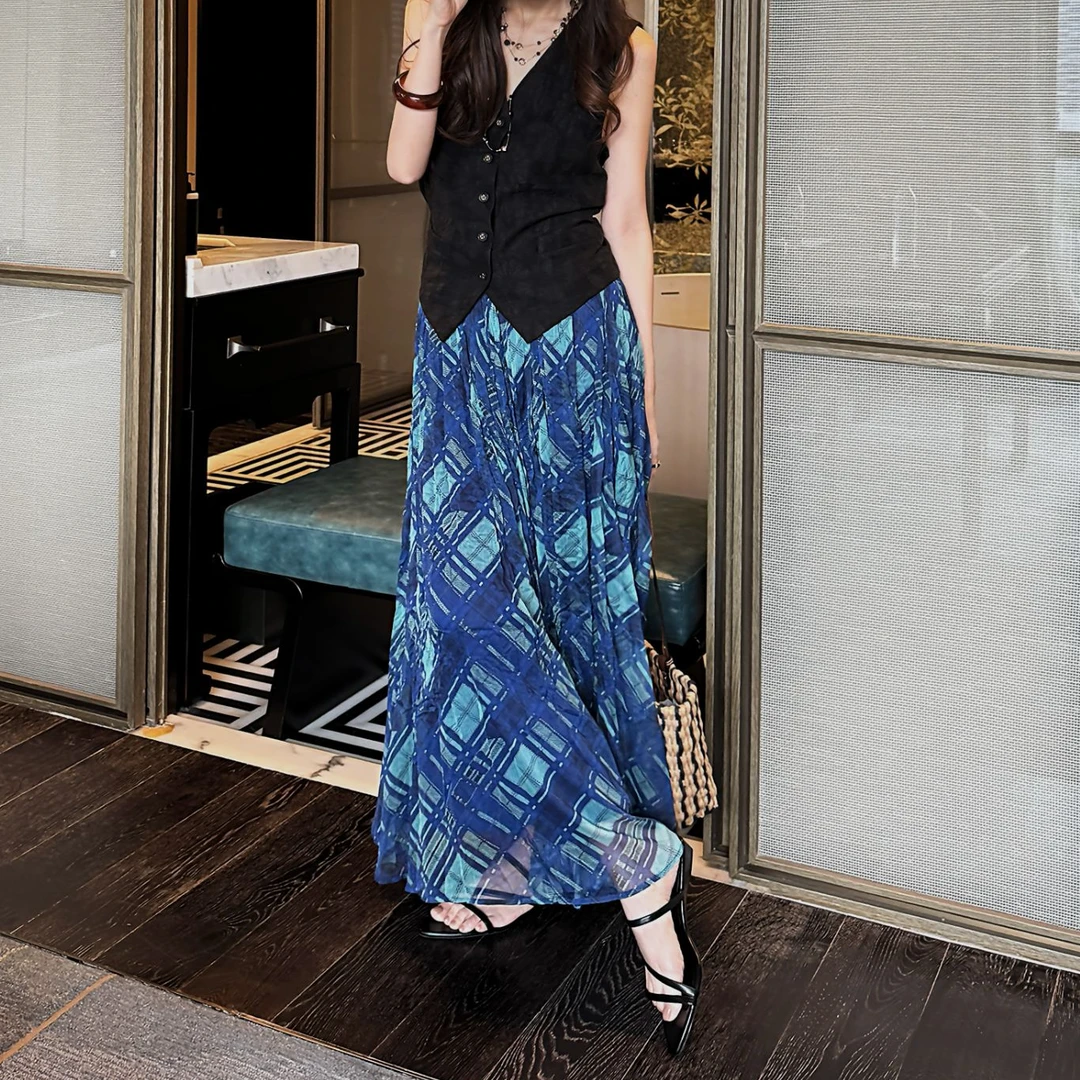 芝芝【蓝屿漫歌】复古蓝格纹大裙摆显瘦飘逸高腰半身裙