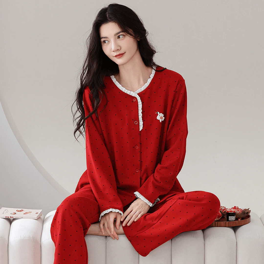 羊绒加厚冬季女士小香风圆领开衫长袖长裤家居服睡衣女套装中国红