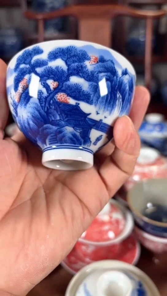 柴窑青花山水杯杯瑕疵落渣