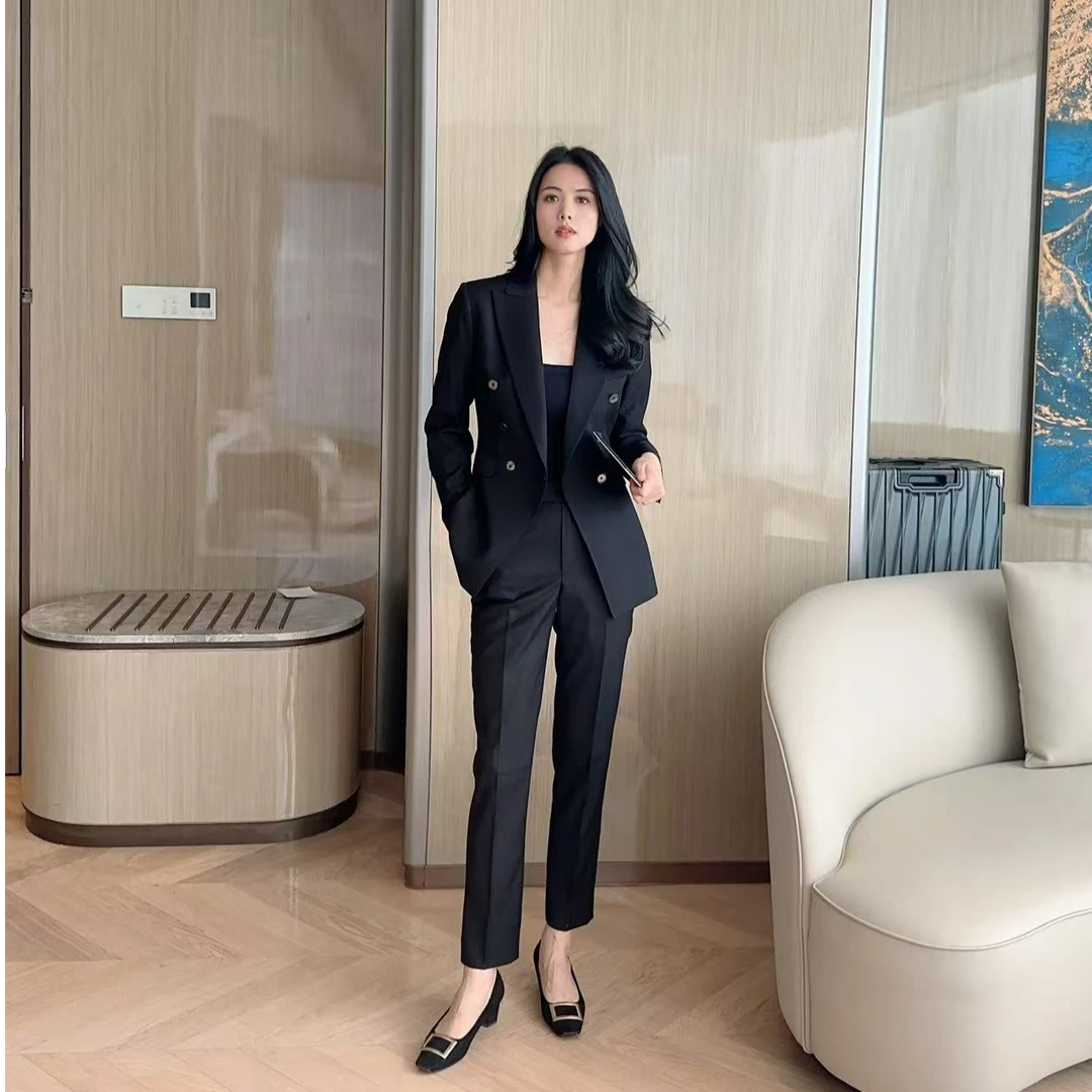 黑色女职业双排西装不规则西服修身显瘦春款气质九分裤套装