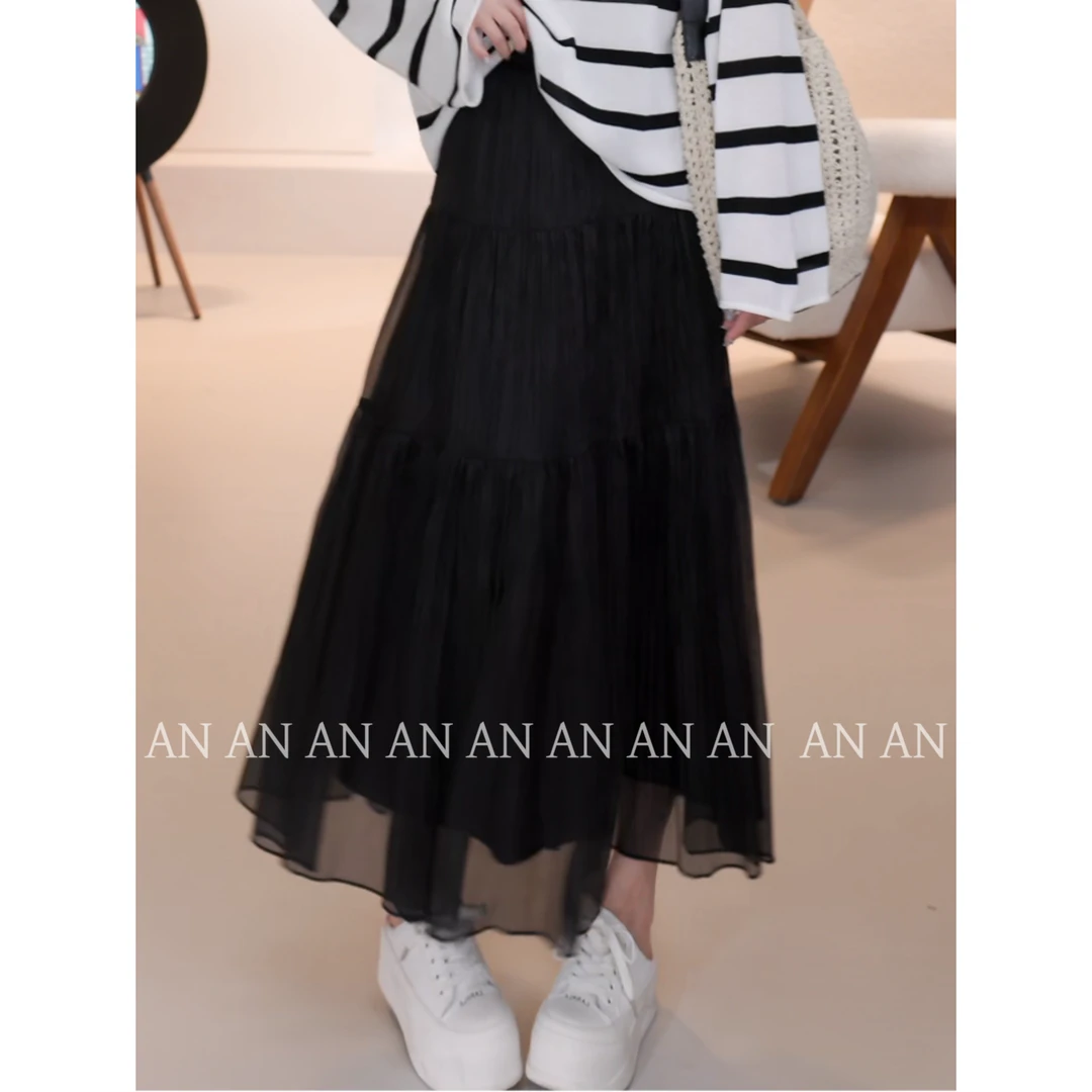 C03223独特漂亮气质温柔褶皱垂感黑色蛋糕裙A字半身裙