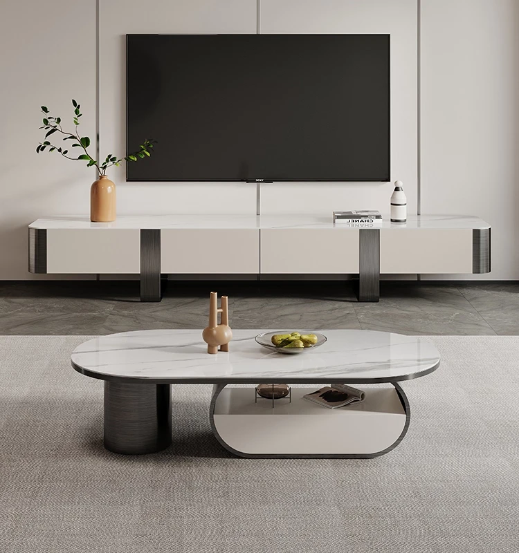 意式轻奢不锈钢椭圆形岩板茶几电视柜家用现代简约客厅茶几小户型