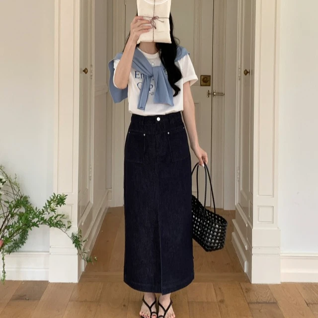 【牛仔半身裙】韩国无弹双口袋夏季高腰中长款A字牛仔半身裙-6015