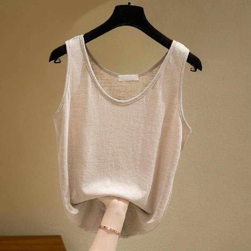 拉夏贝尔宽松纯色背心新款遮肚显瘦百搭外穿薄款打底衫无袖上衣