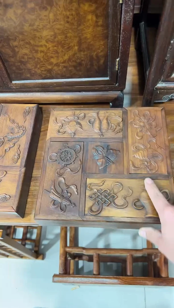 花梨木博古图五抽盒