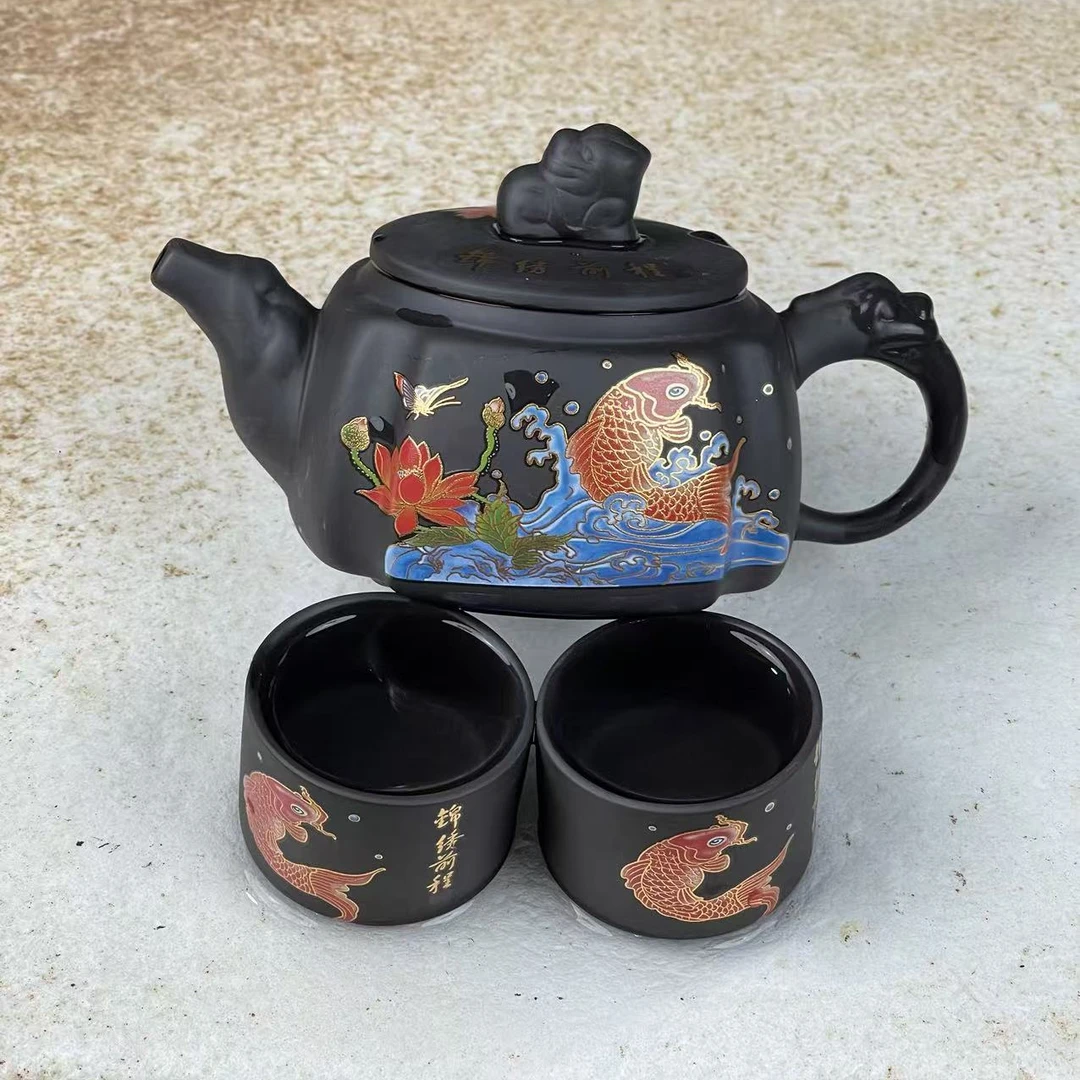 【闪购商品】锦绣前程深井老紫泥四方壶（带两杯）JXSF