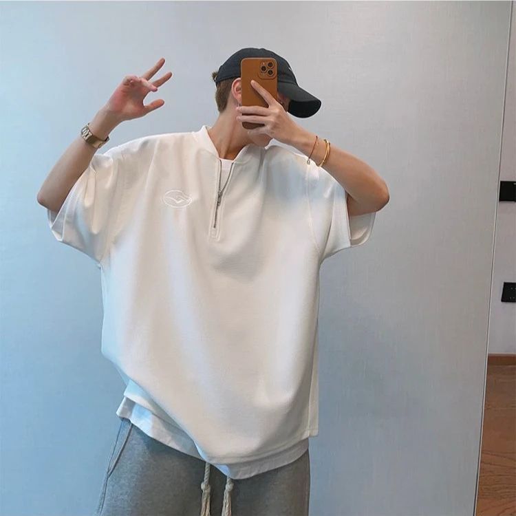美式高街300斤特大码立领半拉链上衣夏季男女复古休闲运动短袖T恤