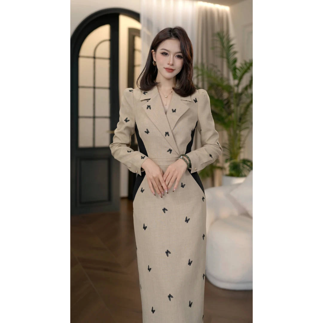 秋季新款【杏纱蝶影】法式优雅通勤风轻奢复古气质收腰显瘦连衣裙