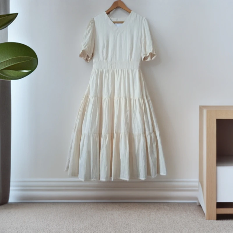 夏季V领法式拼接杏色连衣裙气质时尚百搭V领收腰中长款