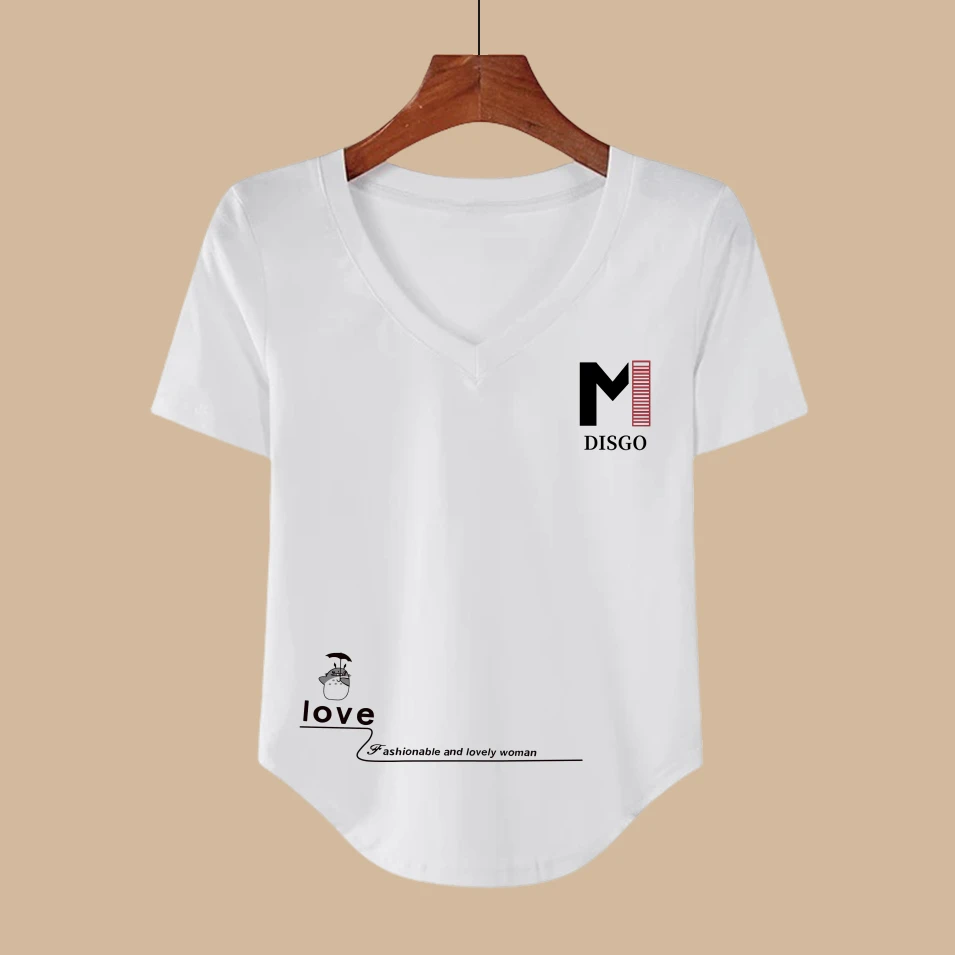 夏季V领常规T恤袖印花休闲白色时尚遮肚t恤韩版印花短袖女