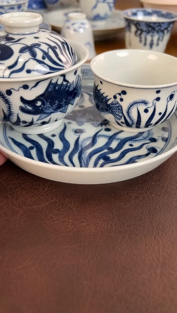 ?****?照夜白青花炉式鱼藻3件套