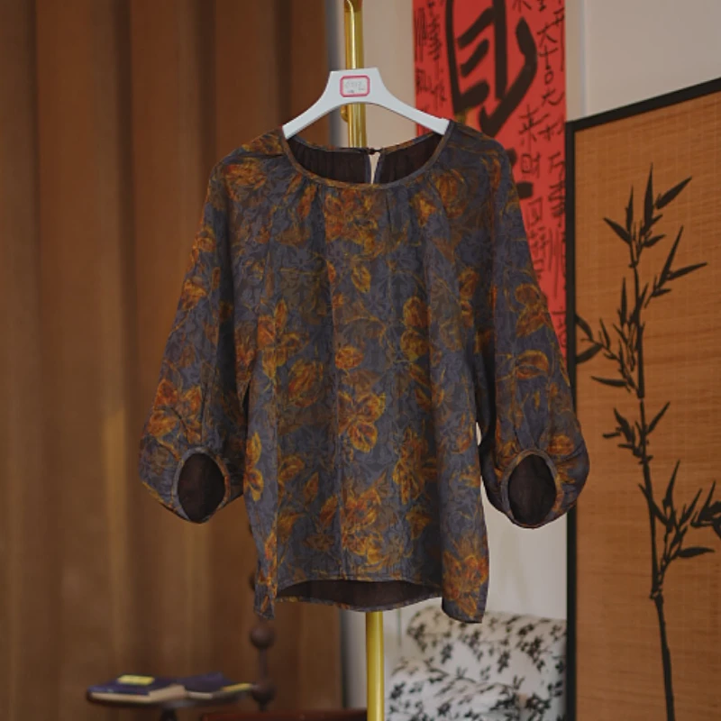 【山屿】新中式时尚百搭花萝提花泡泡袖上衣复古气质长袖