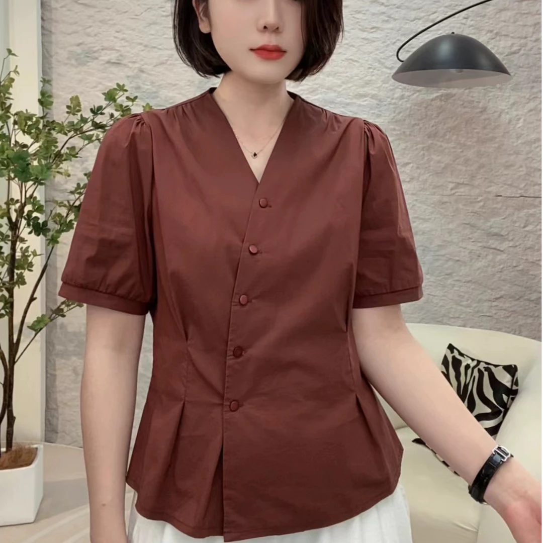 薄软轻罗云纱高定扣子款收腰女人上衣短袖衬衫气质时尚夏季衬衫女