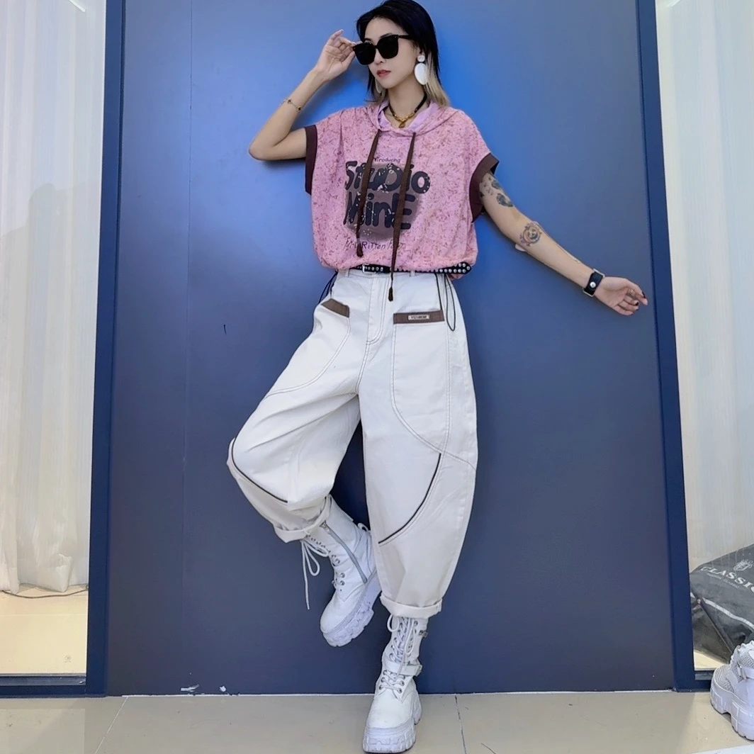 减龄百搭运动韩版扎染连帽上衣-时尚拼接个性韩版潮流哈伦牛仔裤