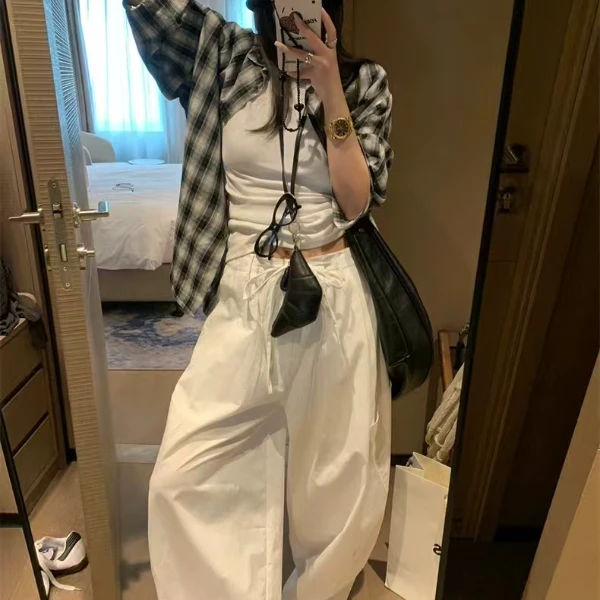 夏季新款速干美式阔腿镰刀裤甜美可爱风格女生韩系高腰阔腿裤宽松