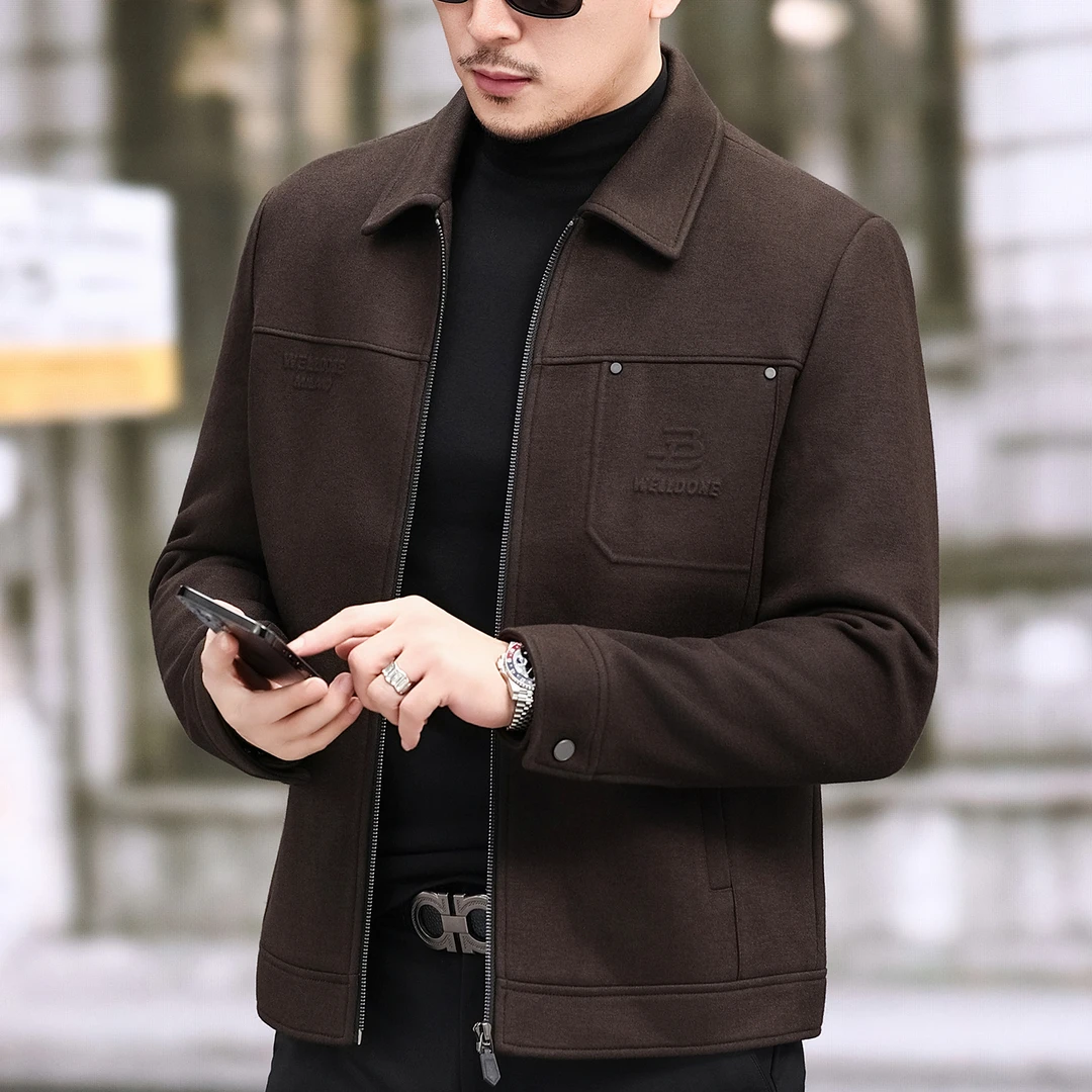 2025轻奢男装翻领羊毛保暖外套秋冬男士毛呢夹克短款加厚时尚上衣