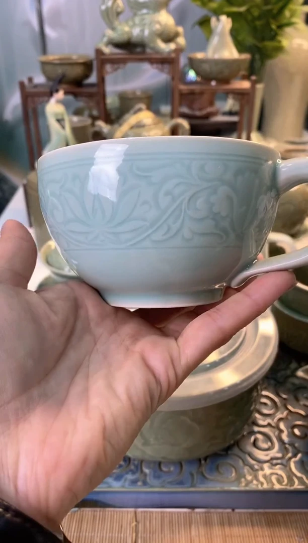 耀州窑微瑕 莲纹天青咖啡杯 1个