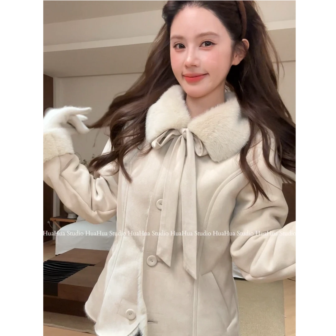 【花花】起司奶霜~韩系皮毛一体时尚翻领设计师保暖厚实毛毛外套