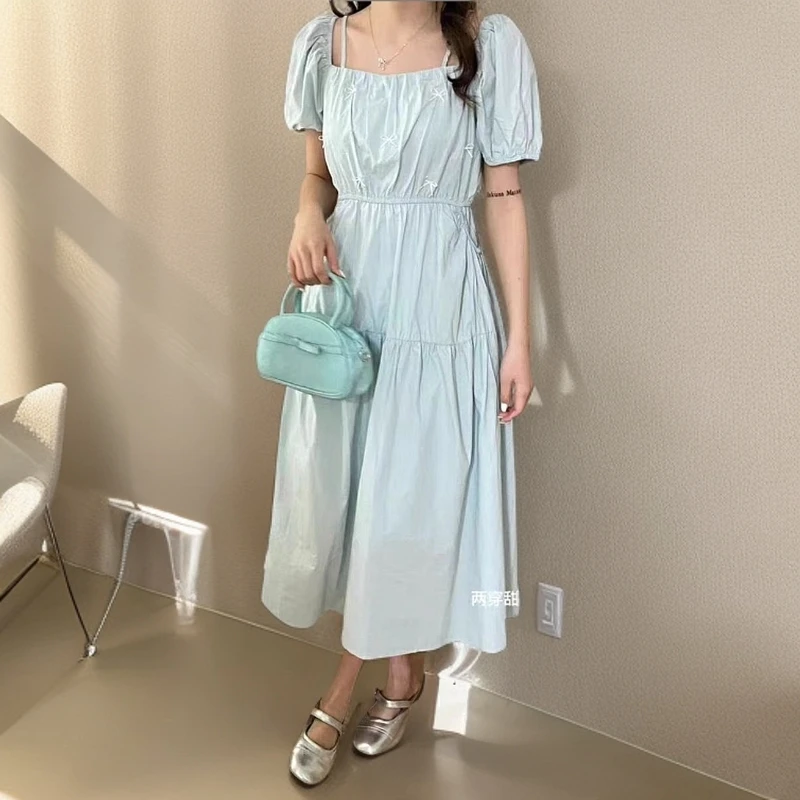 韩系方领泡泡袖淑女蝴蝶结装饰连衣裙C003