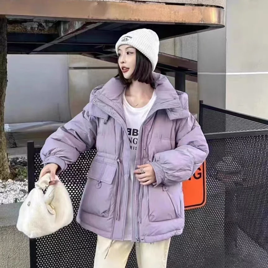 2024年新款半粒扣短款羽绒服女休闲百搭韩版连帽收腰外套显瘦保暖