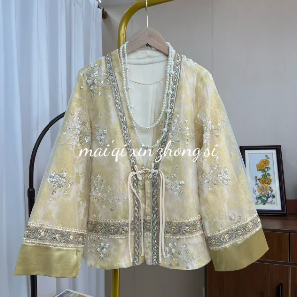 《清榕》新中式重工钉珠刺绣亮片宽松慵懒V领复古显瘦外套女