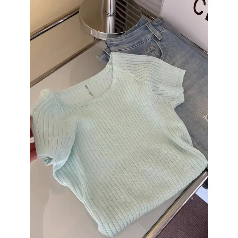 薄荷绿色针织正肩冰丝短袖T恤女2025新款爆款夏季多巴胺chic上衣