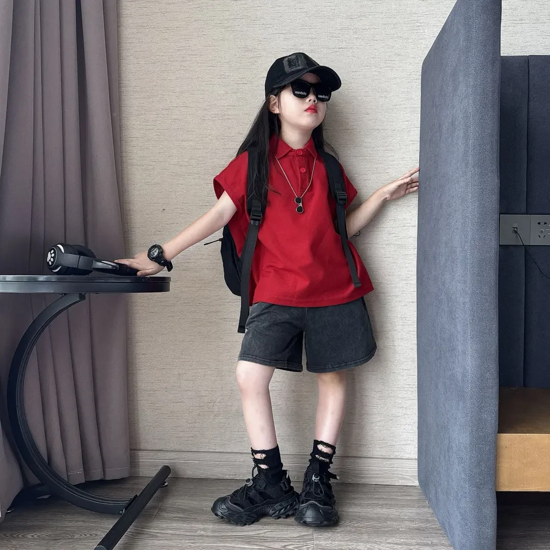 男女童夏季韩版休闲大版蝙蝠袖Polo衫中大童百搭炒色牛仔短裤