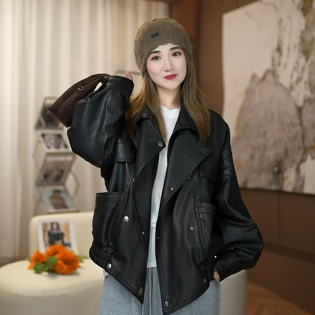 “Y*CL时尚”英国进口泡皮 自然摔纹绵羊皮重工双翻领真皮皮衣外套