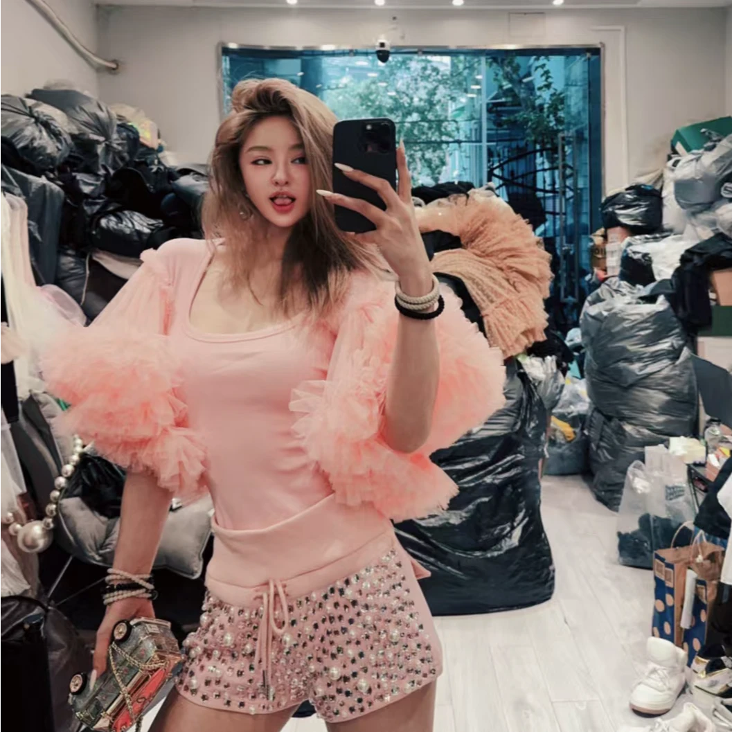 洪小妍自留粉色纱纱高弹上衣夏季