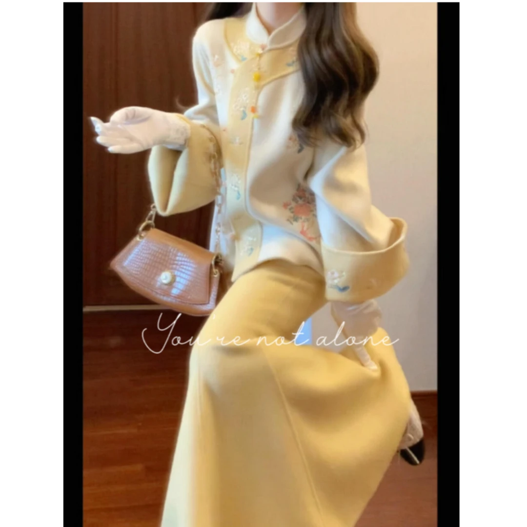 【月桂花谣】2025冬季新款新中式国风刺绣毛呢外套高腰鱼尾半身裙女