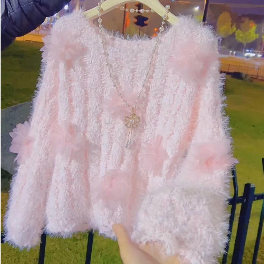 秋冬新款别致绝美立体花朵针织打底衫女装甜美粉色仿貂绒软糯上衣