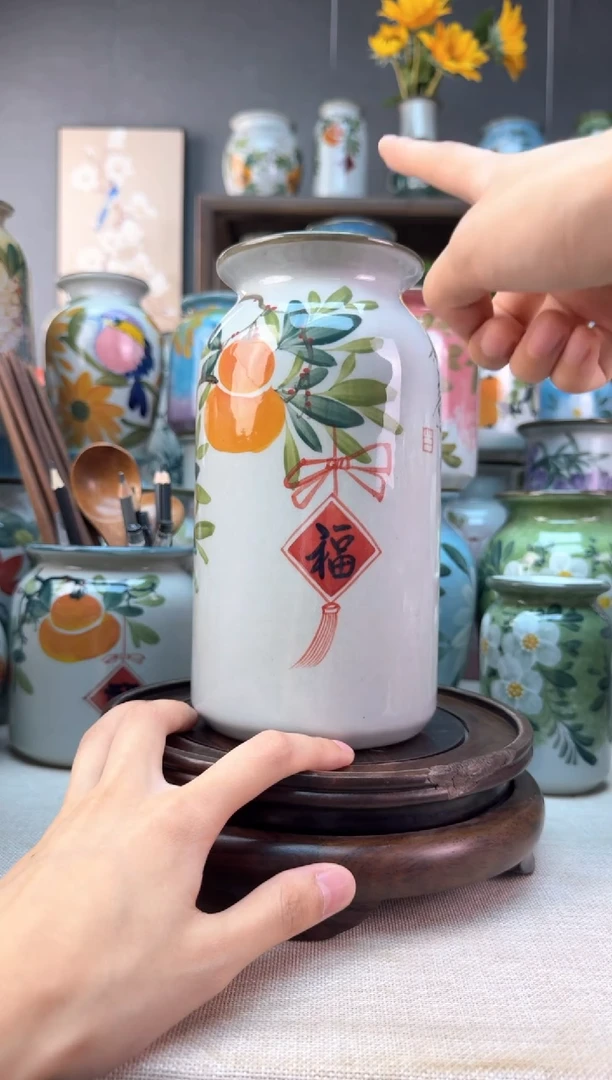 瓶景德镇手绘花器底部无孔内部无釉陶泥材质高温瓷釉下彩