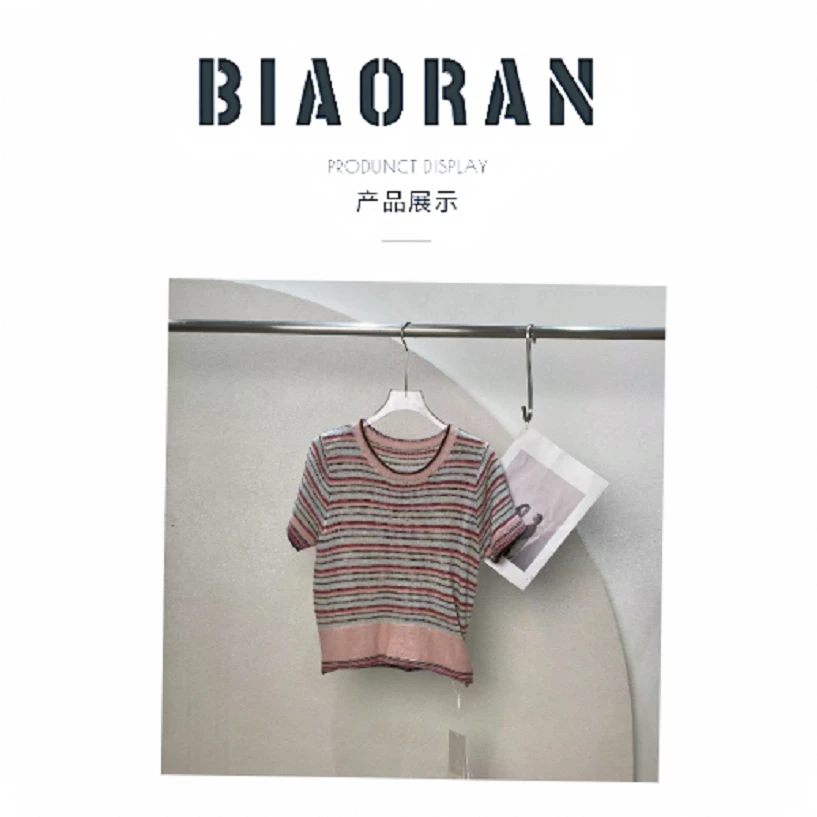 BIAORAN/标冉2025春季新款休闲百搭减龄复古风彩色条纹短袖2029