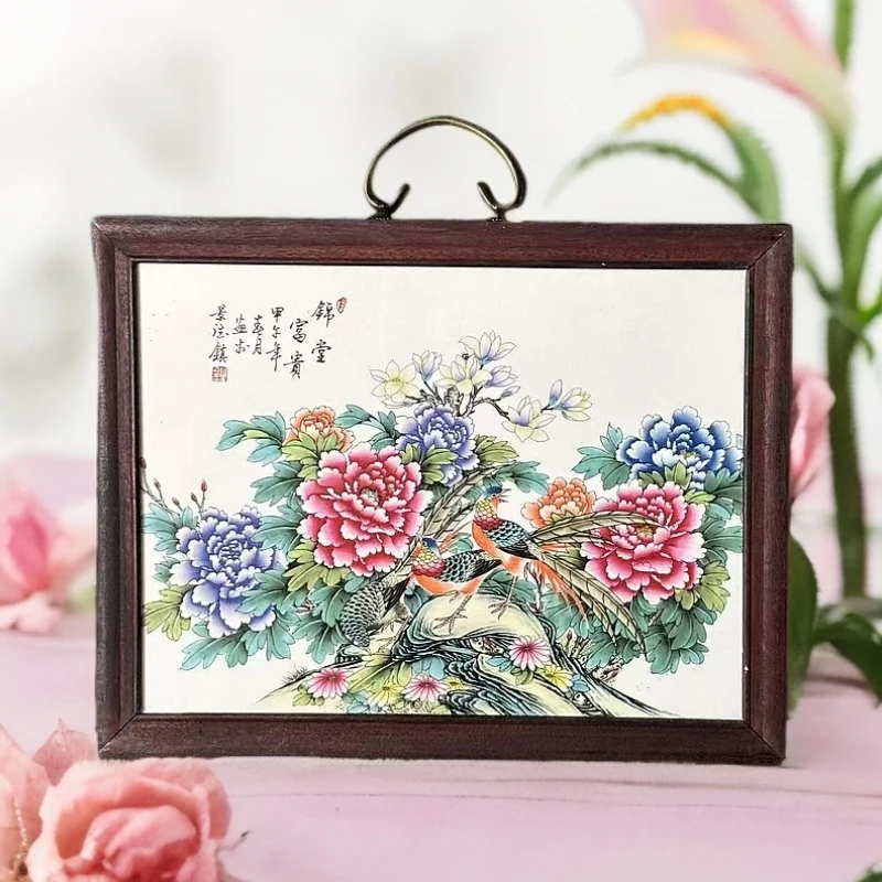 景德镇瓷板画柴窑烧制程意亭作品锦堂富贵37*29cm实木边框