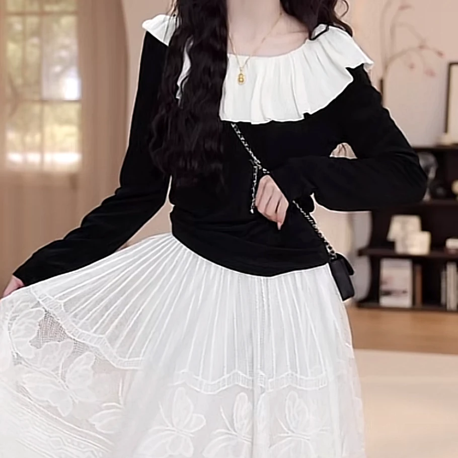 流光纱荷叶领上衣2025新款春季简约时尚甜美气质网纱拼接长袖T恤